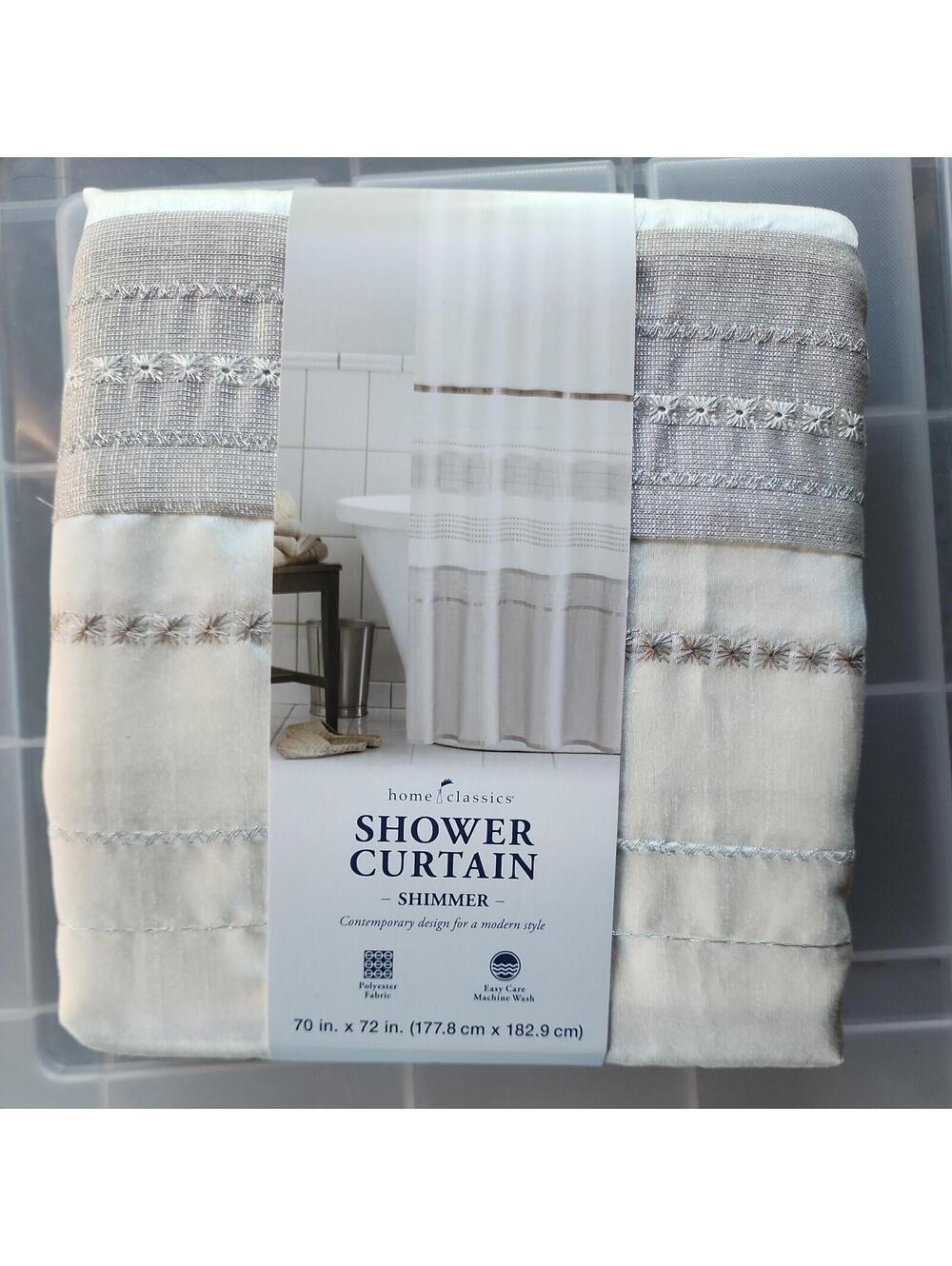 Home Classics Embroidery Shimmer White/Silver/Gray Fabric Shower Curtain